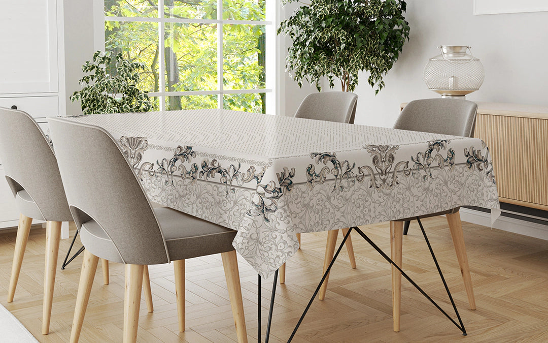 Tovaglia in Puro Lino Volute misura per 12 persone Vingi Ricami