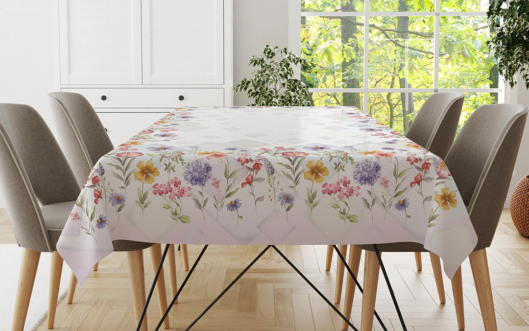 Tovaglia in Puro Lino Fiori di campo misura per 12 persone Vingi Ricami