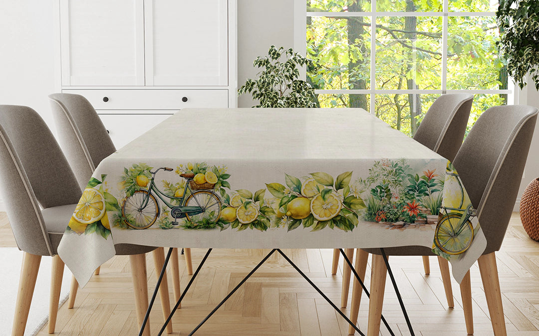 Tovaglia in Puro Lino Biciclette misura per 12 persone Vingi Ricami