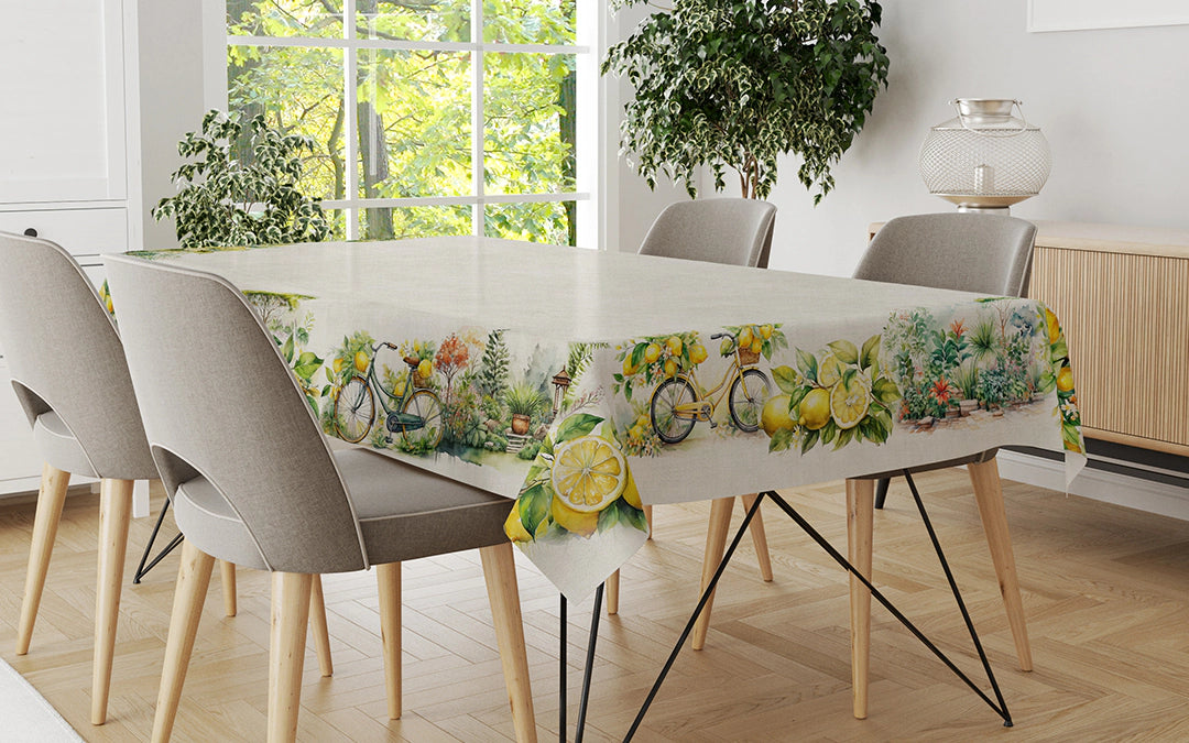Tovaglia in Puro Lino Biciclette misura per 12 persone Vingi Ricami