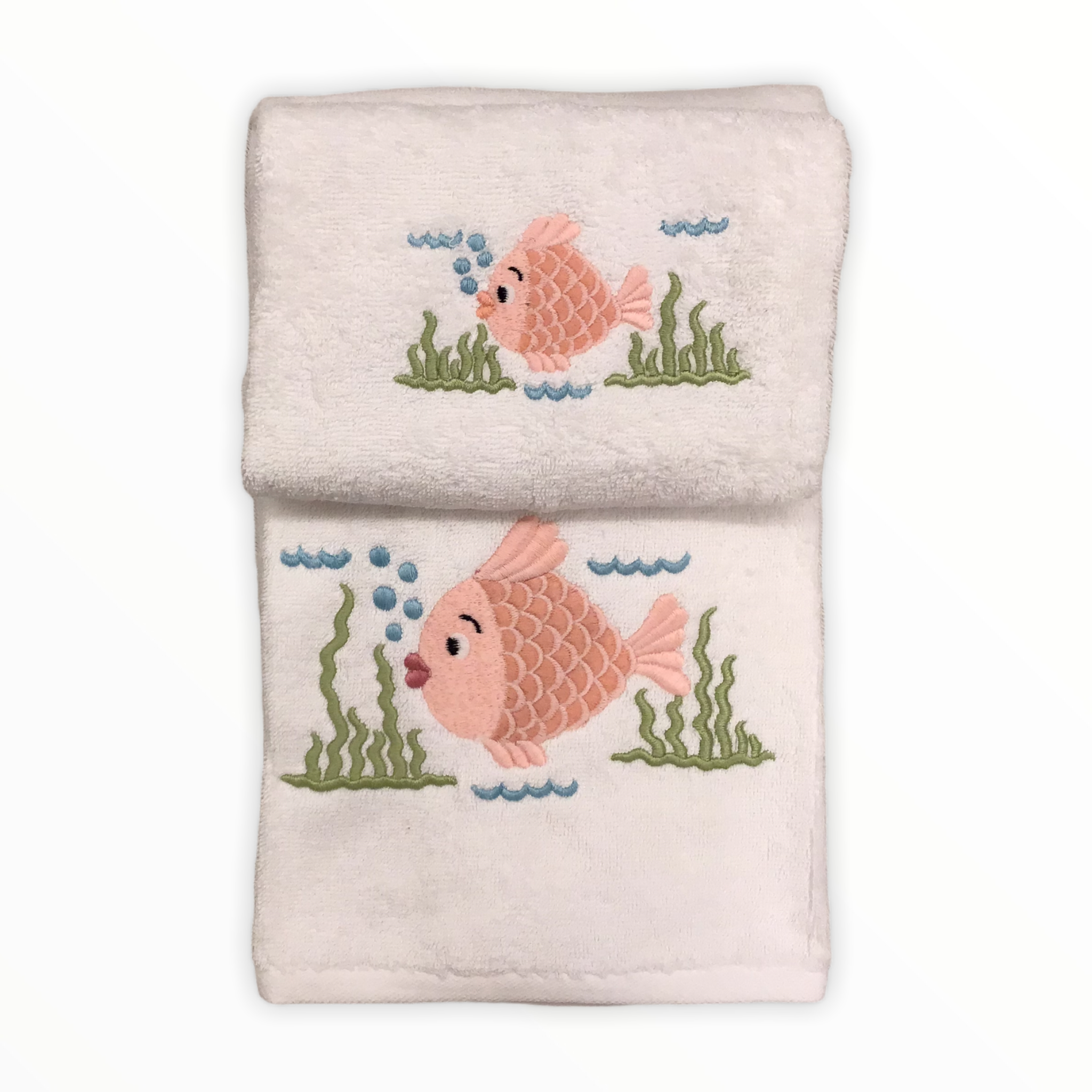 Asciugamani bimbo bianco/rosa fantasia pesciolini | Camilla Ricami