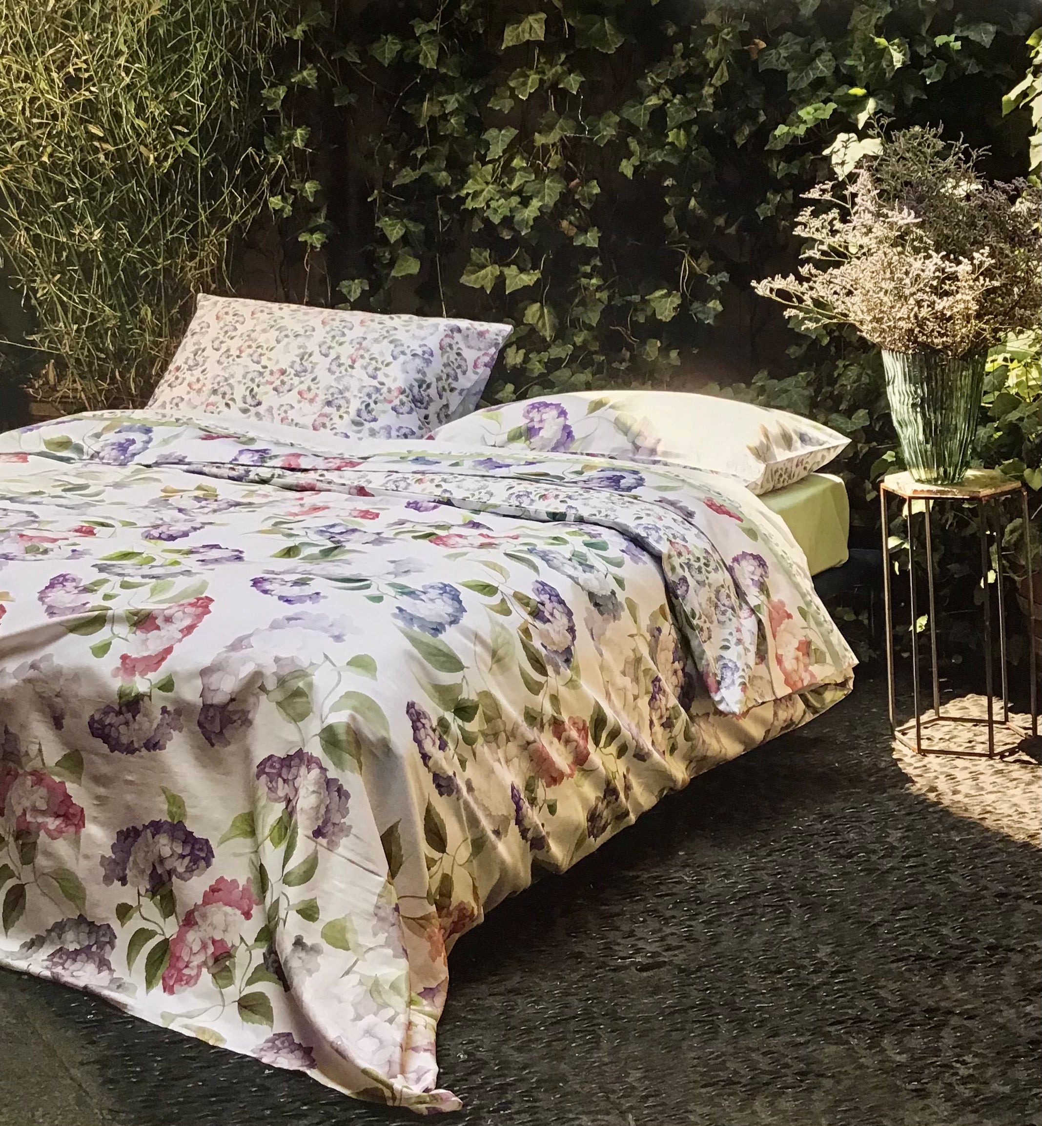 Trapuntino - Fazzini - Quilt Matrimoniale Ortensie - Verde salvia